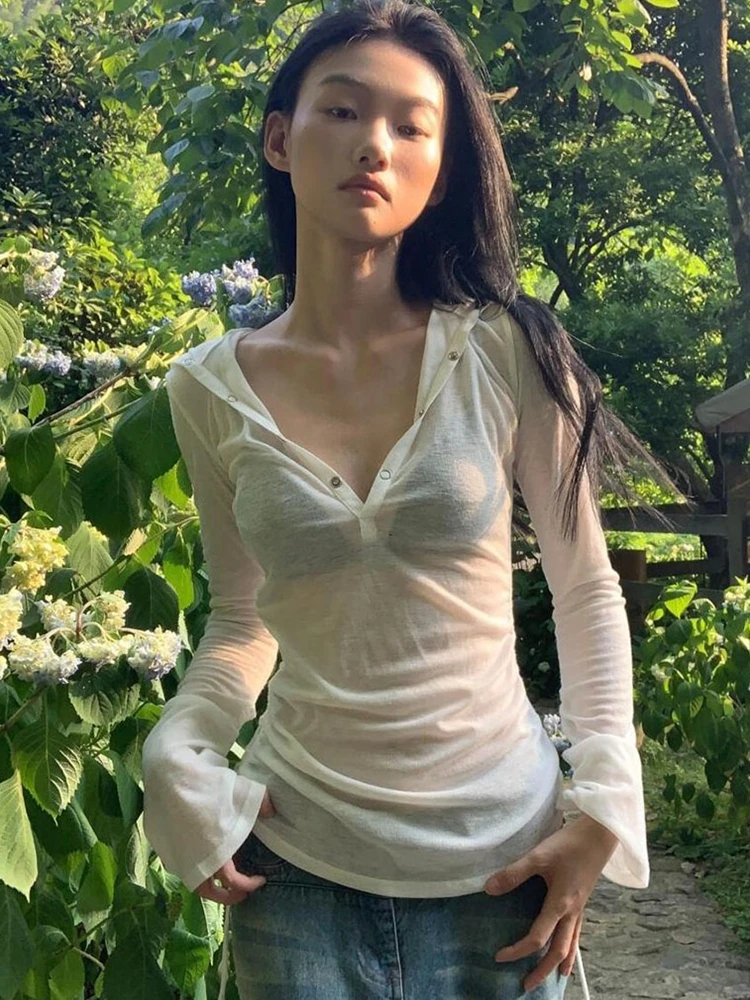 Sexy See Through Hooded T Shirts Women Casual Long Sleeve Thin Long Sleeve Tops Female Streetwear Y2K Sun Protection White Tees