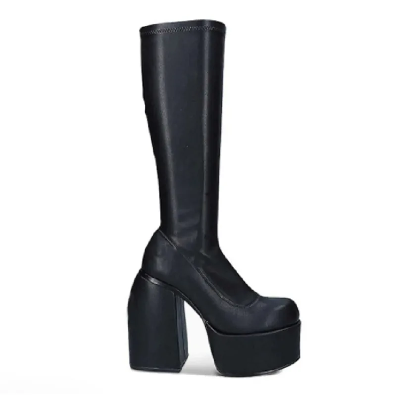 Black Ankle Boots /Knee-High/Over-the-Knee Boots New Square Head Coarse Following Thick Sole Ladies Shoes Platform Elastic Boots