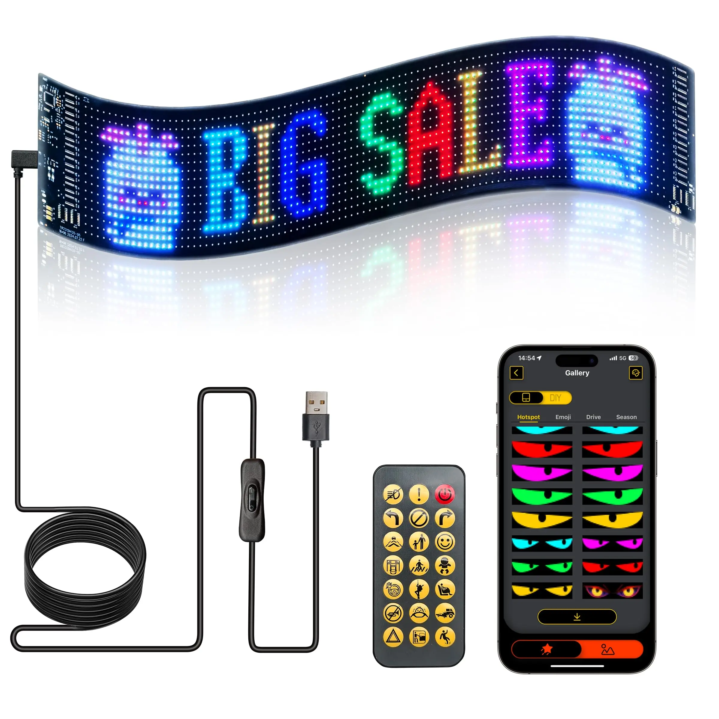 

Programmable Scrolling LED Sign App for Advertising & DIY Use 23"x5" Devil Eyes Light for Car 5V LED Sign for Shop Bar Party
