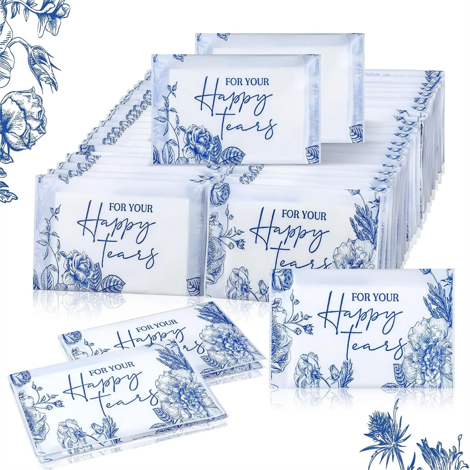 60 Bulk Happy Tears Tissue Packs for Wedding 3 Ply Pocket Size Facial Tissues for Guests Party Favors Travel Graduation Blue