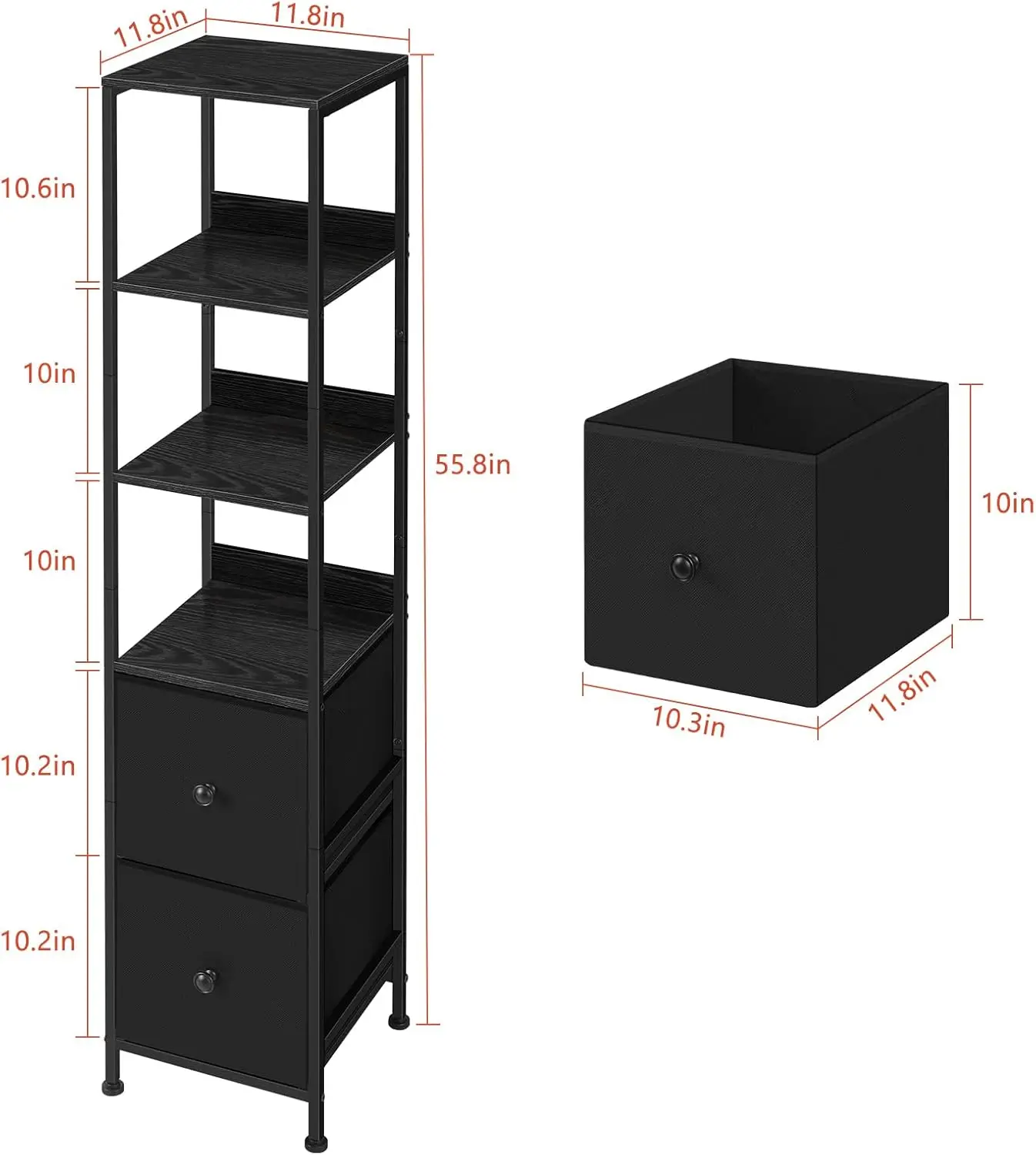 

Bathroom Cabinets Freestanding, Tall Slim Floor Cabinet With 2 Fabric Drawers, 5-Tier Storage Organizer Rack Stand, Black