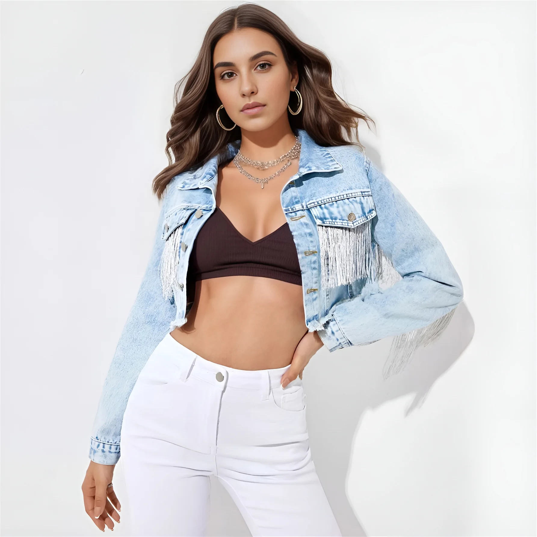 Donsignet Women's Jeans Jacket Spring Autumn New Fashion Burr Hole Denim Coats Button Pockets Long Sleeve Black Casual Tops