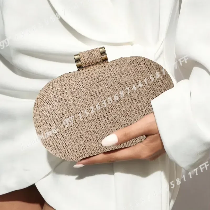 for New Spring Summer Straw Solid Color Mini Oval Magnetic Suction Female Messenger Clutch Bag