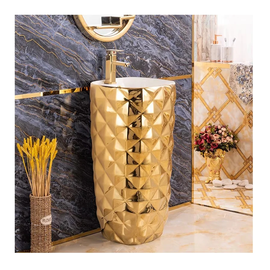 Luxury Royal Ceramic Porcelain Golden Bathroom Sink Gold Plated Pedestal Wash Basin