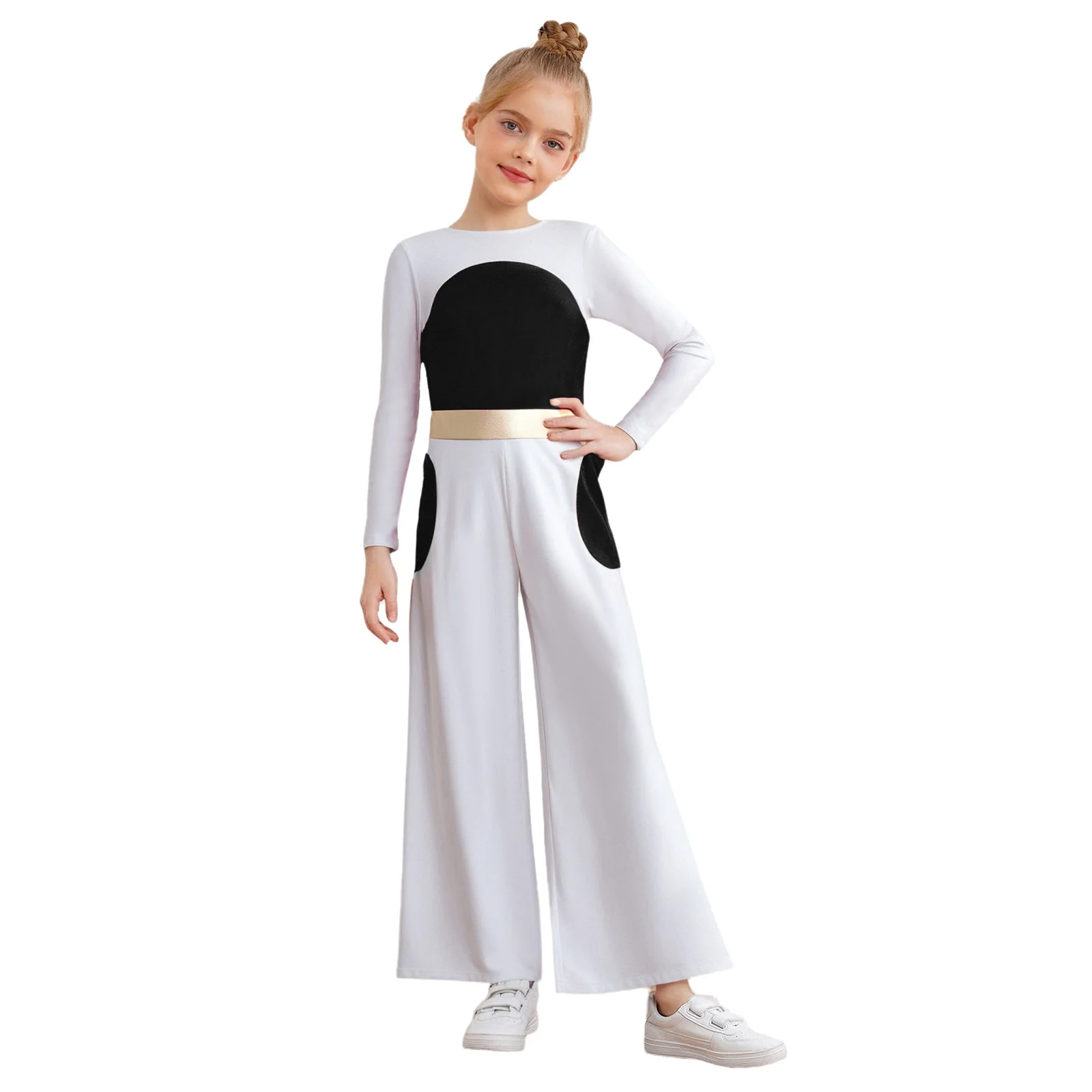 

Kids Girls Liturgical Lyrical Dance Jumpsuit Patchwork Color Block Long Sleeve Rompers for Halloween Cosplay Role Play Costume