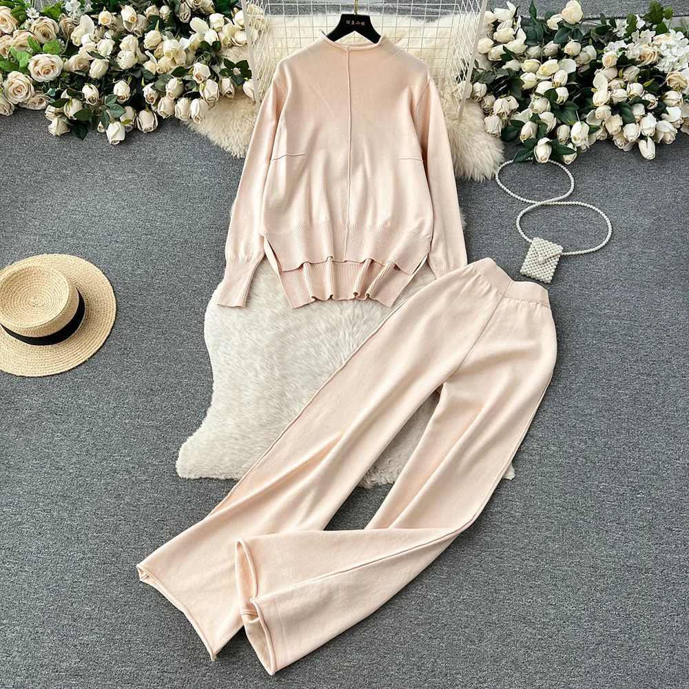 

Croysier Winter Casual Knit Set Pant Sets Asymmetric Hem Loose Pullover Sweater And Wide Leg Trousers 2 Piece Sets Women Outfit