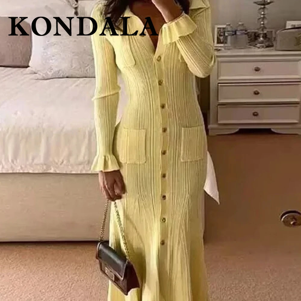 

KONDALA Chic Yellow Elegant Woman Dress Turn-down Collar Sheath Long Dresses Fashion 2025 Single Breasted Pocket Female Vestidos