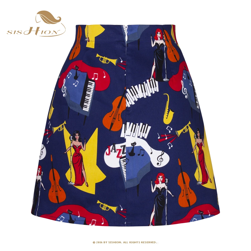 SISHION Short Mini Vintage 50s 60s Retro Rockabilly Cotton Skirt SS0008 Blue Cats Jaz Concert Printed Women Summer Sexy Skirts