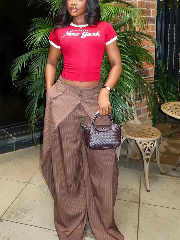 Women Fashion Wide Leg Pants Vintage High Waist Full Length Female Chic Straight Trousers Leisure Pleated Front Zipper Long Pant