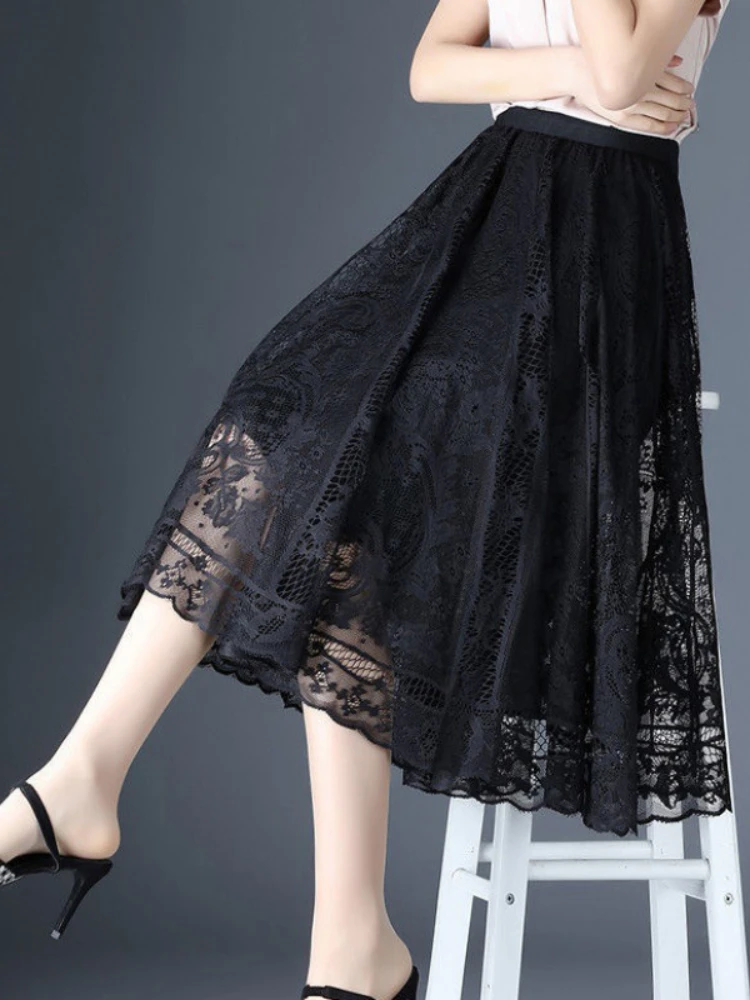 Lace Skirt Women's New A-word Long Skirt Big Swing Gauze Hollow Pleated Skirt