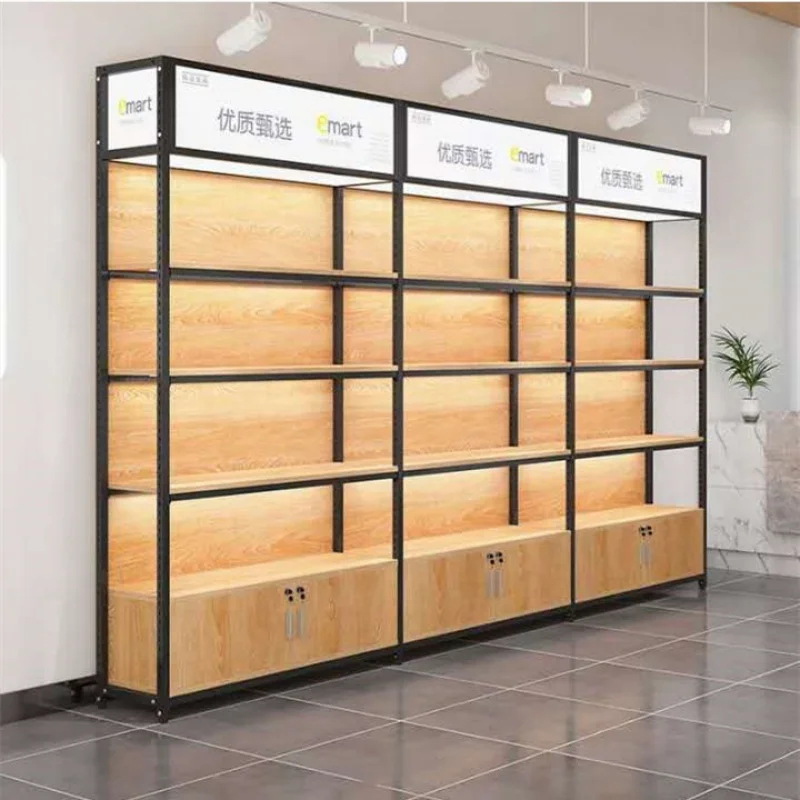 custom，High Quality Shop Shelves and Display Cabinets Wooden Store Shelves Display Shelf Rack with Lighbox