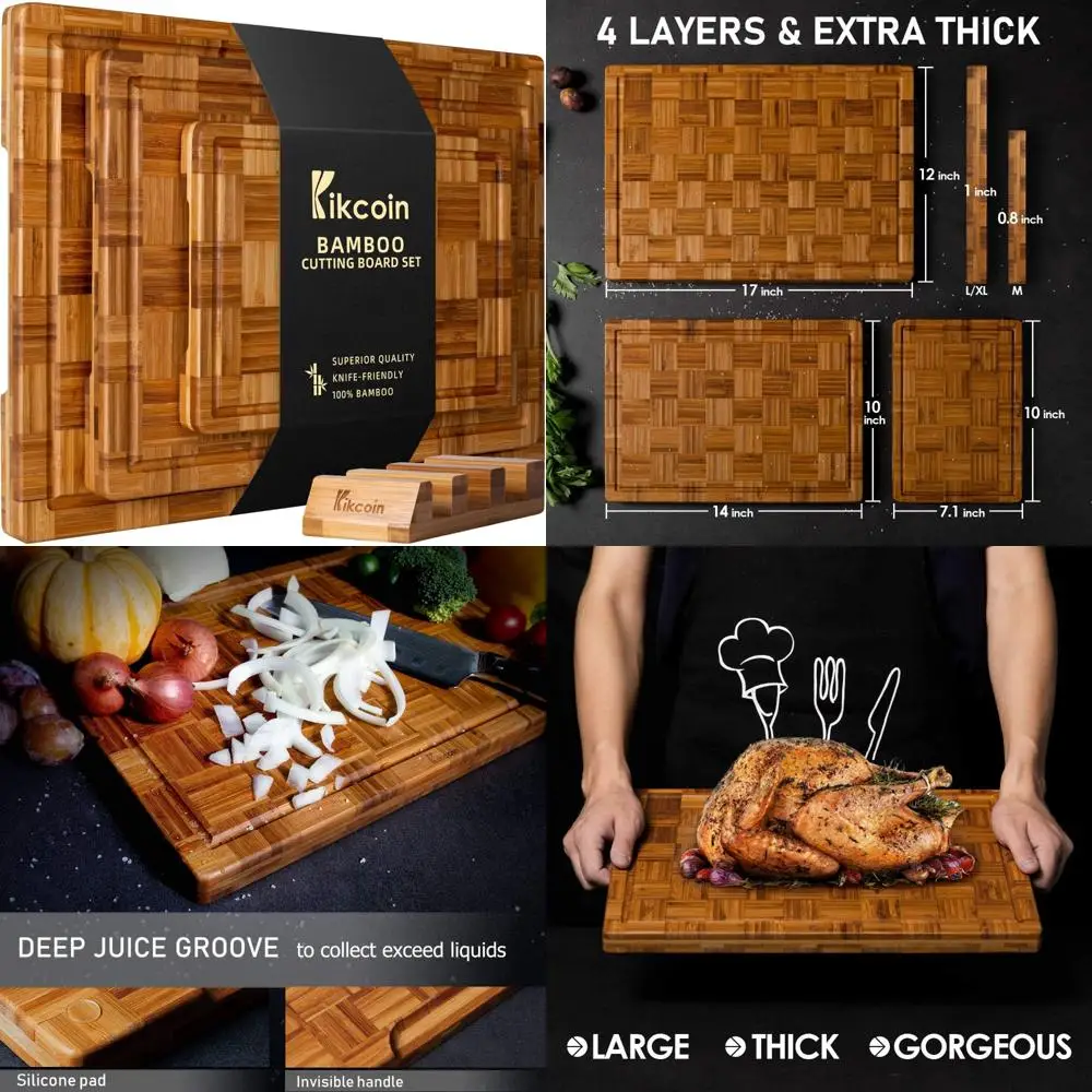 

Очень большие бамбуковые разделочные доски Kikcoin, (набор из 3 шт.) разделочные доски с пазом для сока, набор бамбуковых разделочных досок из дерева Butcher Bl