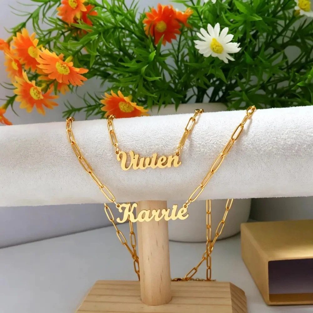 Custom Cursive Script Name Necklace Personalized Nameplate Paperclip Chain Necklace Stainless Steel Women Jewelry Gifts For Her