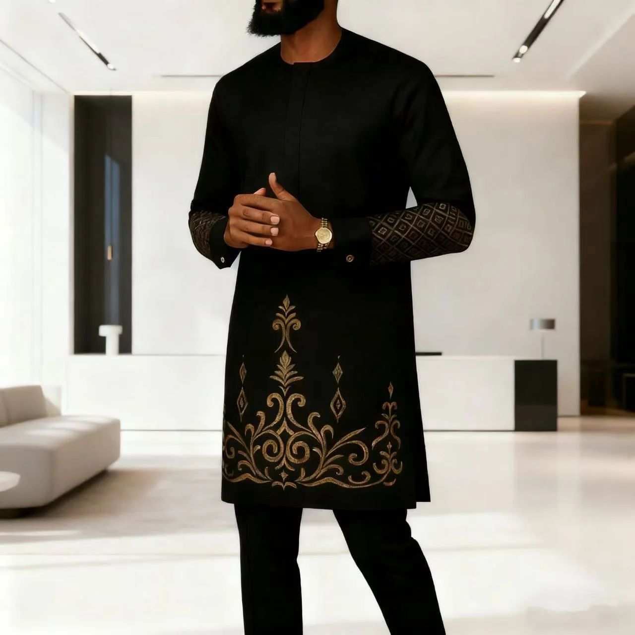 New African Traditional Men's Elegant Fashionable Casual Embroidery Two Piece Suit Set Kaftan - Latest Arrival Men Set