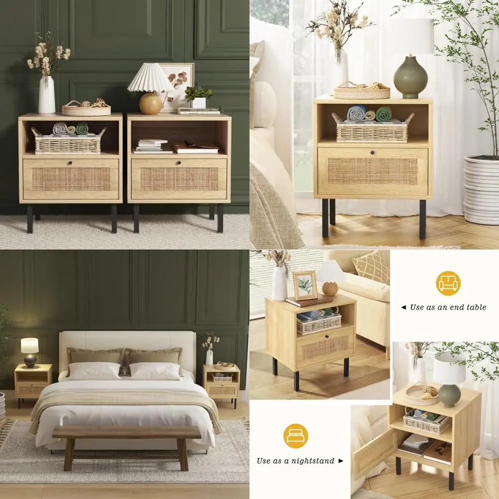 

Пара тумбочек из ротанга — прикроватные тумбочки в богемном стиле с дверцей и металлическими ножками, естественная отделка