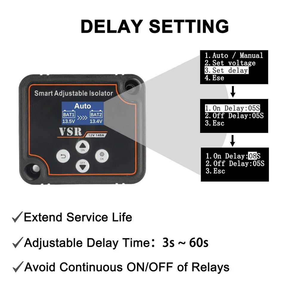 3/5/7m Adjustable Voltage Dual Battery Isolator 12V 140Amp VSR for Lithium & Lead-Acid Battery Car Accessories