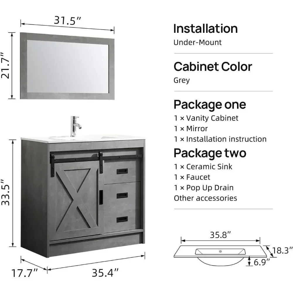 36” Bathroom Vanity with Sink, Modern Wood Cabinet Basin Vessel Sink Set with Mirror, Chrome Faucet, P-Trap 36 Inch