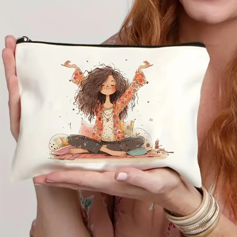 Boho Happy Curly Girl Print Cosmetic Bag Portable Zipper Makeup Pouch Bohemian Travel Toiletry Storage Bag Women Gift