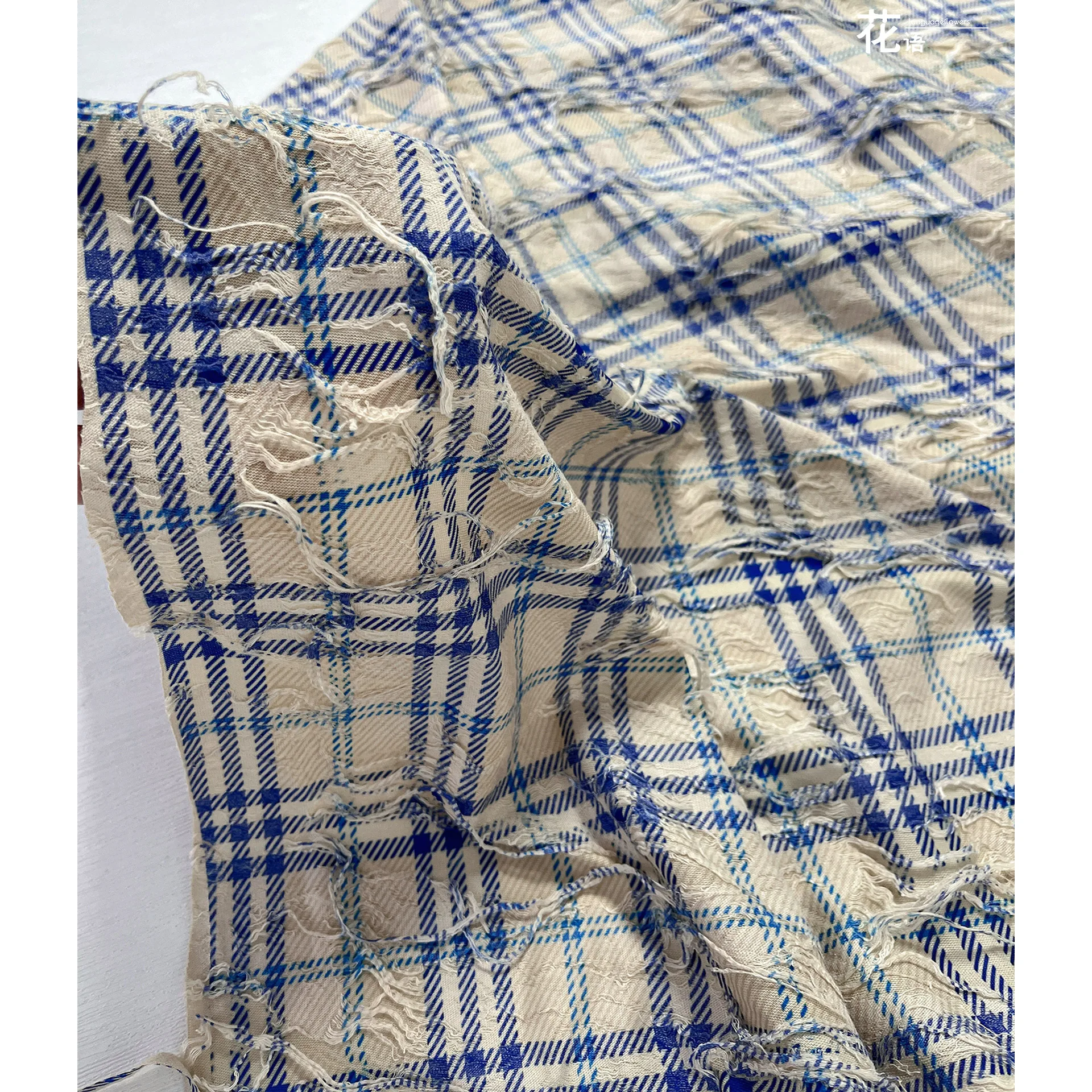 Distressed Check Rayon Knit Designer Fabric Fringed Texture for Creative Skirts, Textile Art and Custom Garment Projects