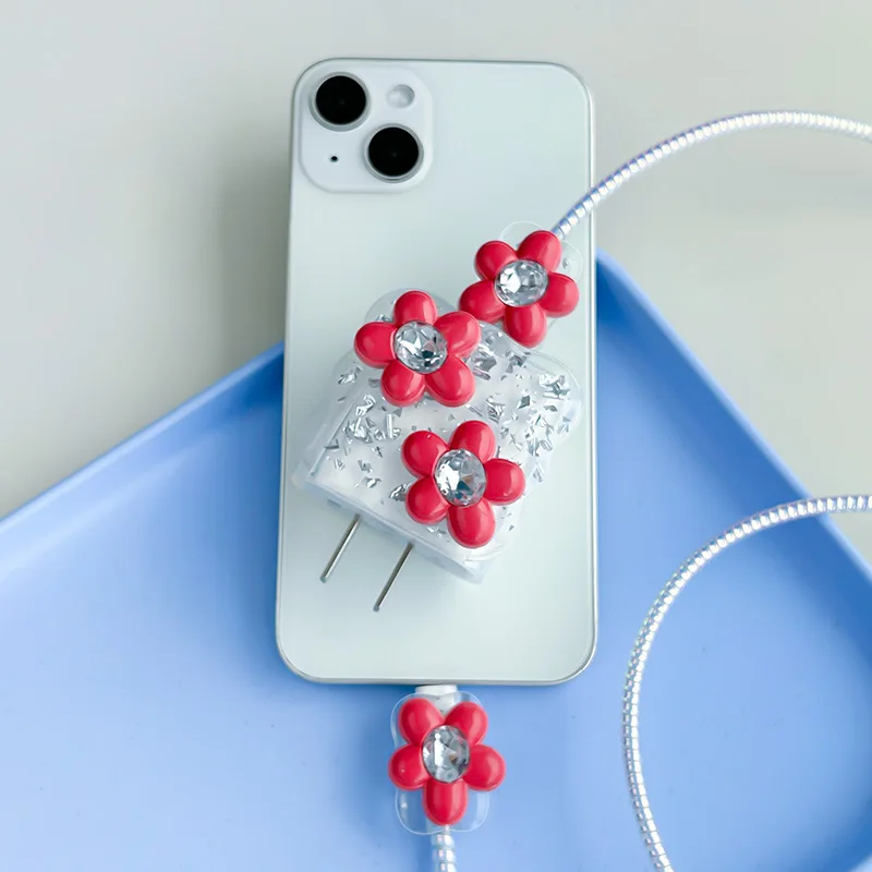 3D Crystal Flowers 5Pcs Charging Data Cable Protector for iPhone 18w/20w Charger Protective Cover Winder Accessories