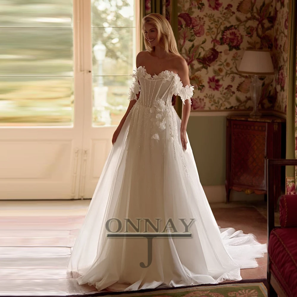 

Свадебные платья с очаровательным жемчугом по индивидуальному заказу, с открытыми плечами, 3D цветы, кружевные аппликации, свадебное платье для женщин, Vestidos De Novia Plus