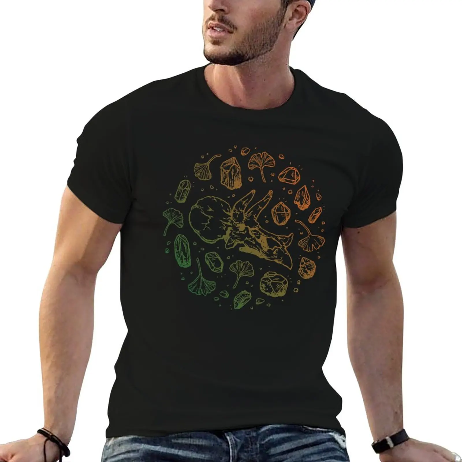 Triceratops Rocks! Leaf Green & Pumpkin Spice Ombré Dinosaur Fossil Art T-Shirt plus size clothes anime t shirts for men