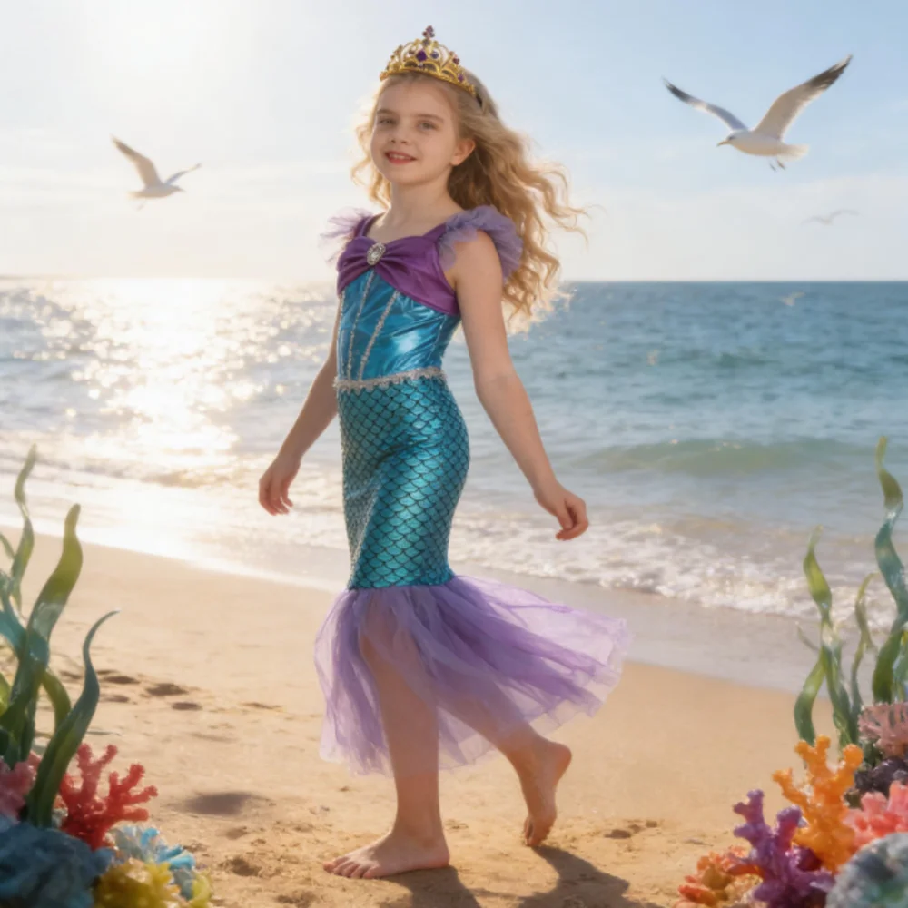 Vestido de verano para niñas con mangas voladoras de malla y cola de pez, hermoso vestido casual de princesa de los siete mares para niñas, vestido de cosplay para fiesta de cumpleaños infantil