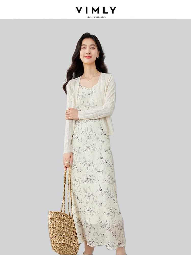 VIMLY Sleeveless Floral Print Suspenders Dress Summer Fashion Sexy V-Neck Slim Versatile Suspender Printing A-Line Dress M7121