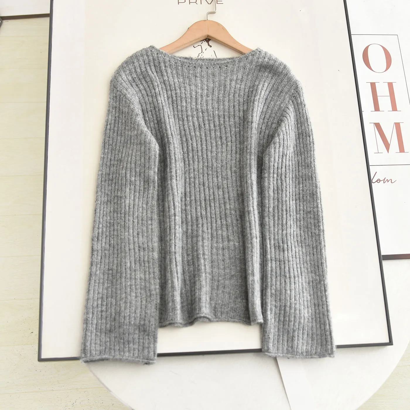 

McSystem 2025 Autumn New Sle Simple round Ne Color ey Loose Knitted Sweater Women's Long Sve Overhead Top