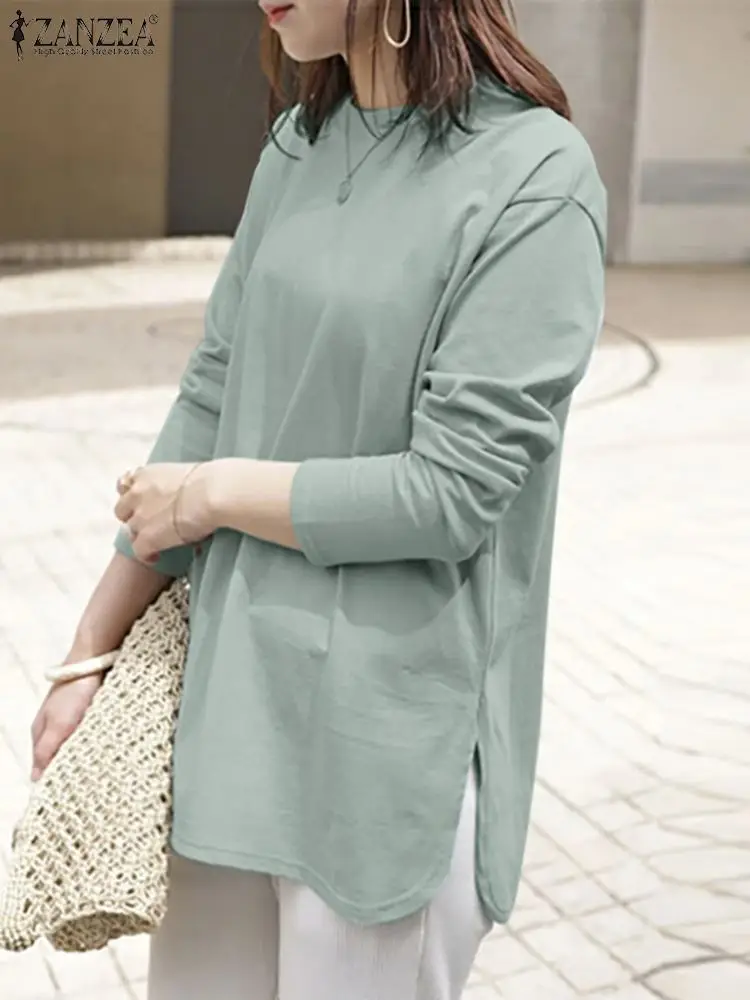 ZANZEA Spring Fashion Split Hem Blouse Long Sleeve O-Neck Shirt Women Elegant Loose Blusas Solid Color Casual Chemise Oversized