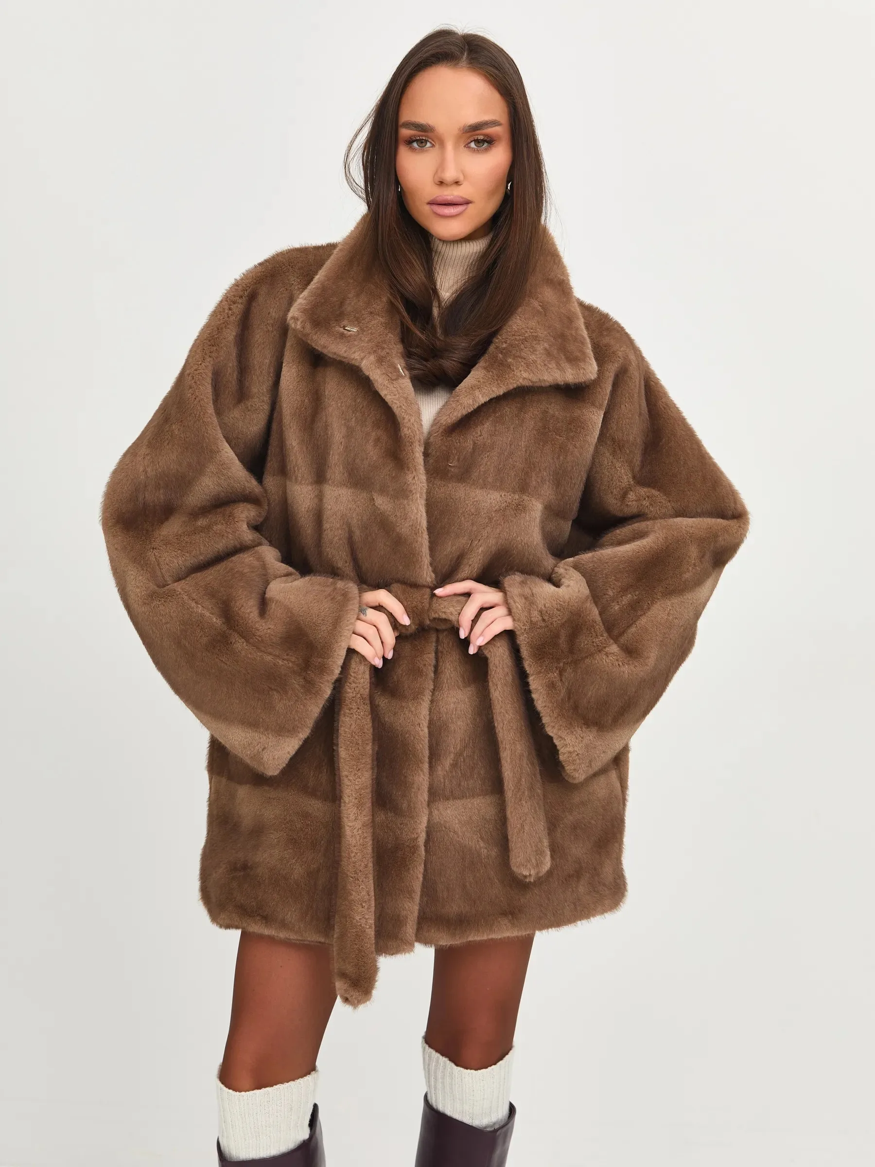 Women's Brown Faux Fur Coat Belted Lapel Collar Oversized Midi Winter Warm Thick Jacket Elegant Luxe Chic Outerwear