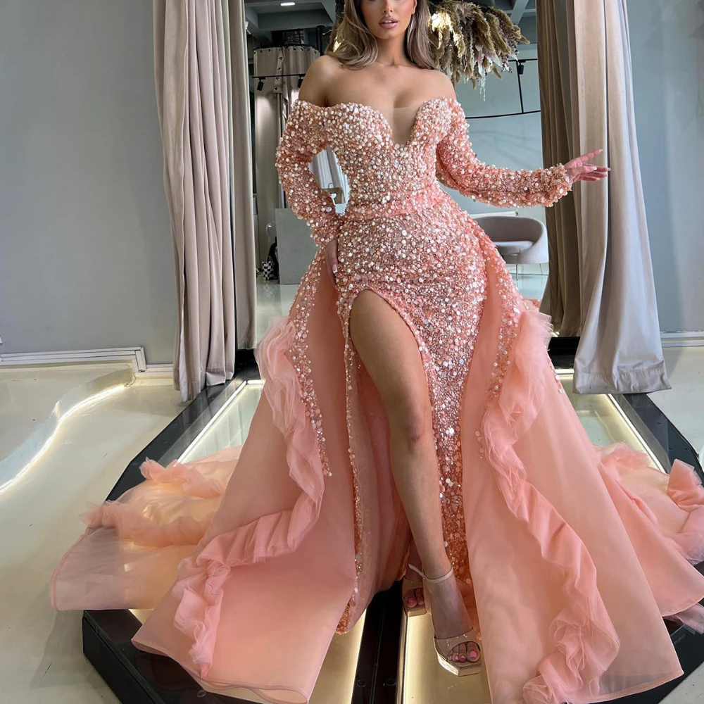 Luxury Pink Mermaid Evening Dress Sweetheart Neck Off Shoulder Prom Gowns Pearl Sequins Detachable Train Custom Made