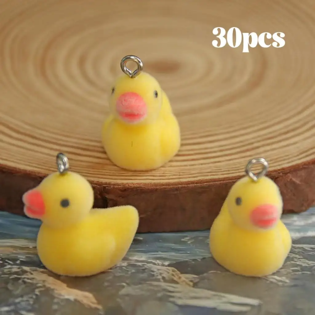 30pcs Fluffy Flocking Animal 3D cartoon Ducklings Charms Miniature Dolls Keychain Necklace Pendant for DIY Crafts Jewelry Making