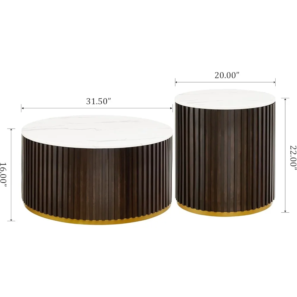 

Handcraft Drum Side Table, Modern Circle Wooden End Table SetRound Wood Coffee Table Set of 2 with Marble Lid ＆ Hidden Storage