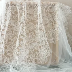 1 Yard Ivory Exquisite Alencon Lace Fabric with Crochet Pattern Floral Emrboidery Fabric for Wedding Gown, Lace Caps