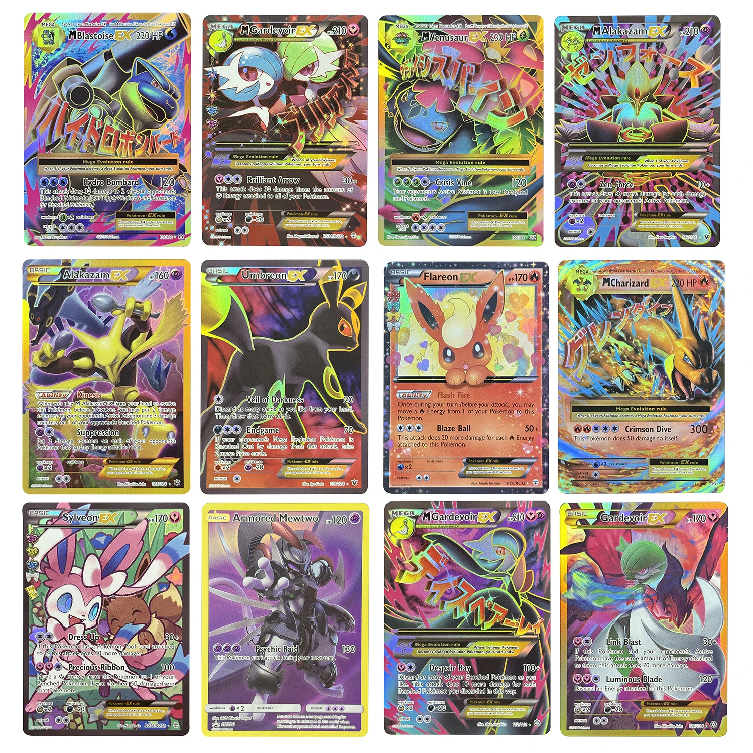 Cartões proxy ptcg blindados mewtwo gardevoir umbreon mewtwo & máw m-venusaur sylveon flareon gerações tcg cartões diy