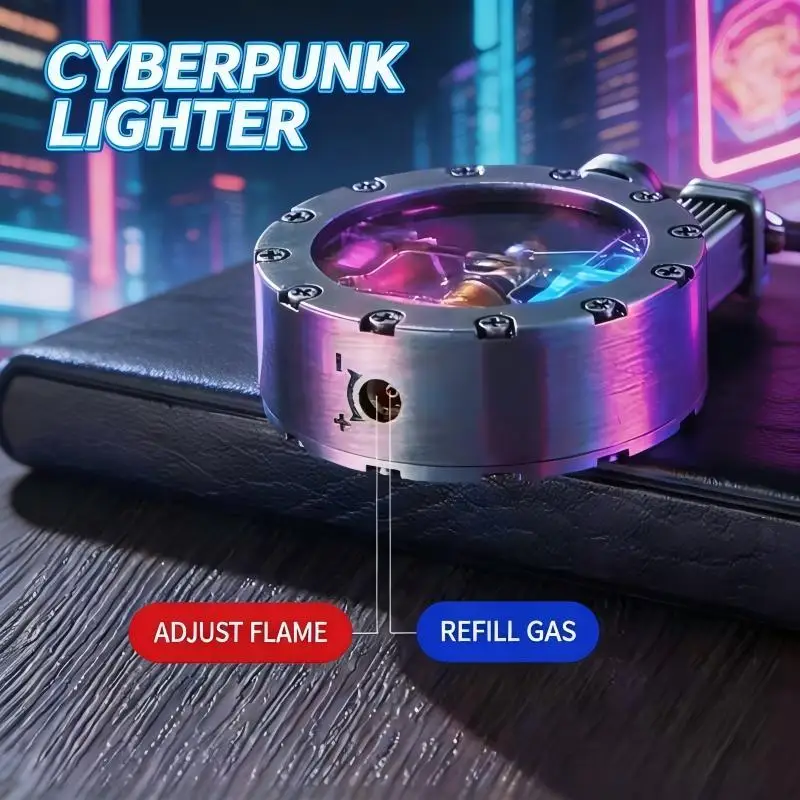 Metal Retro Mechanical Rocker Torch Lighter, Windproof Jet Blue Flame Refillable Butane With Colorful LED Light & Transparent Vi