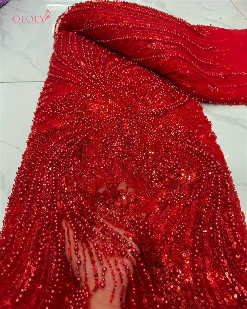 

OLOEY African Beaded Tulle Lace Fabric High Quality Luxury French Nigerian Sequins Mesh Tulle Lace for Party Dress Sewing