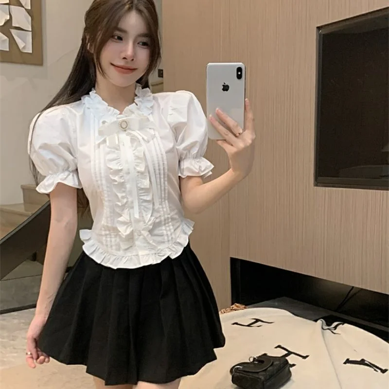 เสื้อเชิ้ตแขนสั้นผูกโบว์ ดีไซน์สำหรับผู้หญิง ชายเสื้อทรงฟองจ์ ทรงเข้ารูป