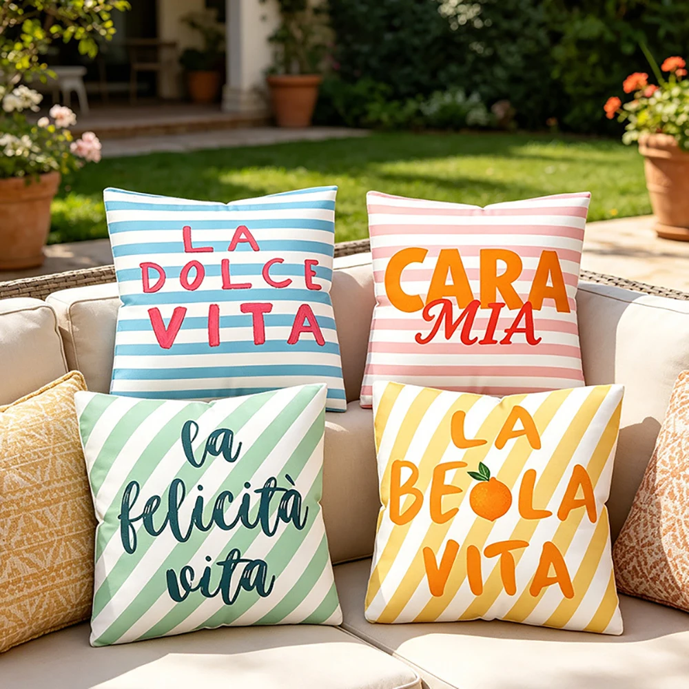 4pcs Summer Striped Decorative Throw Pillow Covers with Italian Inspired Slogans for Outdoor Patio Living Room