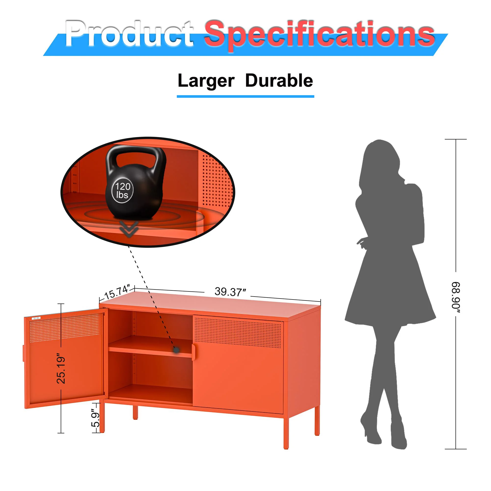 2 Door Accent Cabinet, Metal Storage Locker With Adjustable Shelf, Multipurpose Organizer For Office Home Music Studio, Durable Steel Construction, Orange