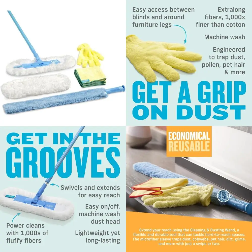 

Microfiber Dusting Cloth Set - Cleaning Bundle with Flexi-Edge Mop and High Performance Cloth for Floor and Surface Care