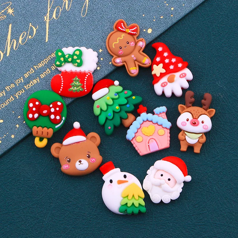 10pcs Cute And Christmas Snowman, Elk Mobile Phone Shell Cream Gel DIY Hair Ornaments Hair Clips Handmade Materials Accessories