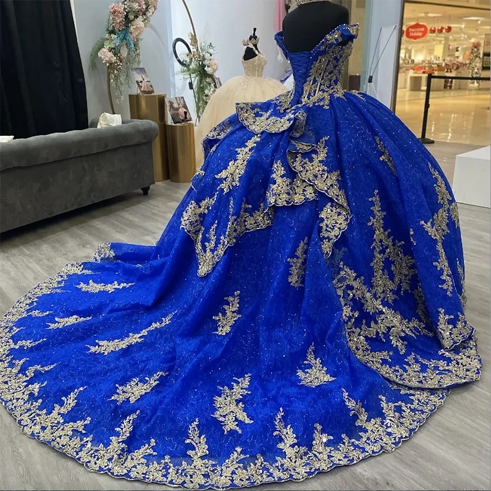 ANGELSBRIDEP 빛나는 로얄 블루 Quinceanera 드레스 황금 레이스 크리스탈 Vestidos De 15 Anos 생일 파티 댄스 파티 맞춤형