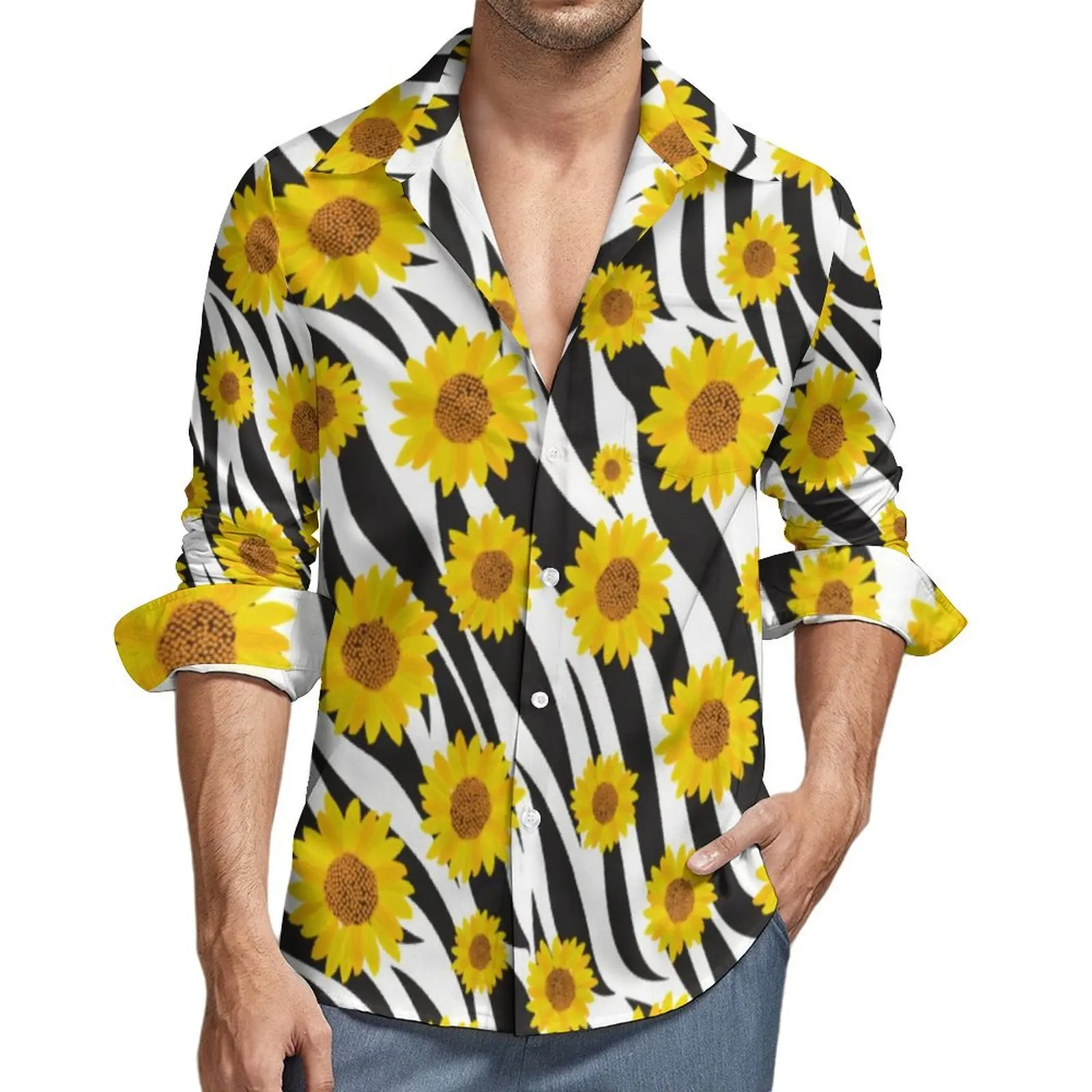 Yellow Sunflower Shirt Spring Floral Animal Print Casual Shirts Mens Elegant Blouses Long Sleeve Graphic Fashion Top Plus Size