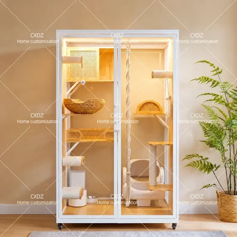 Oversized Glass Panoramic Cat Cage and Nest Integrated Luxury Villa for Household Balcony Large Space Pet House