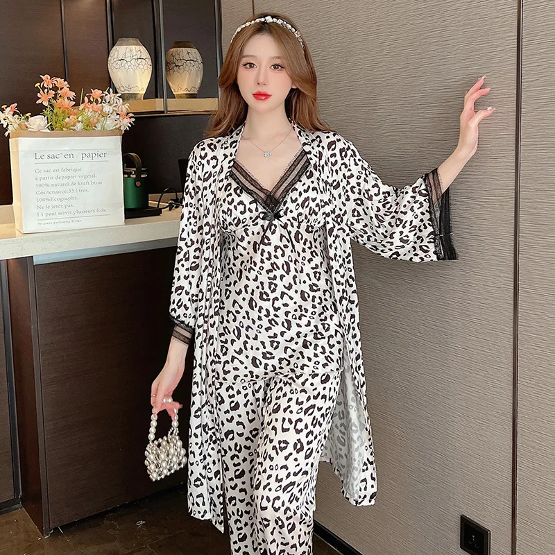 3PCS Pajamas Bathrobe Set Spring Autumn Silk Satin Sleepwear Sexy Leopard Trouser Suits Loose Casual Home Clothes Loungewear