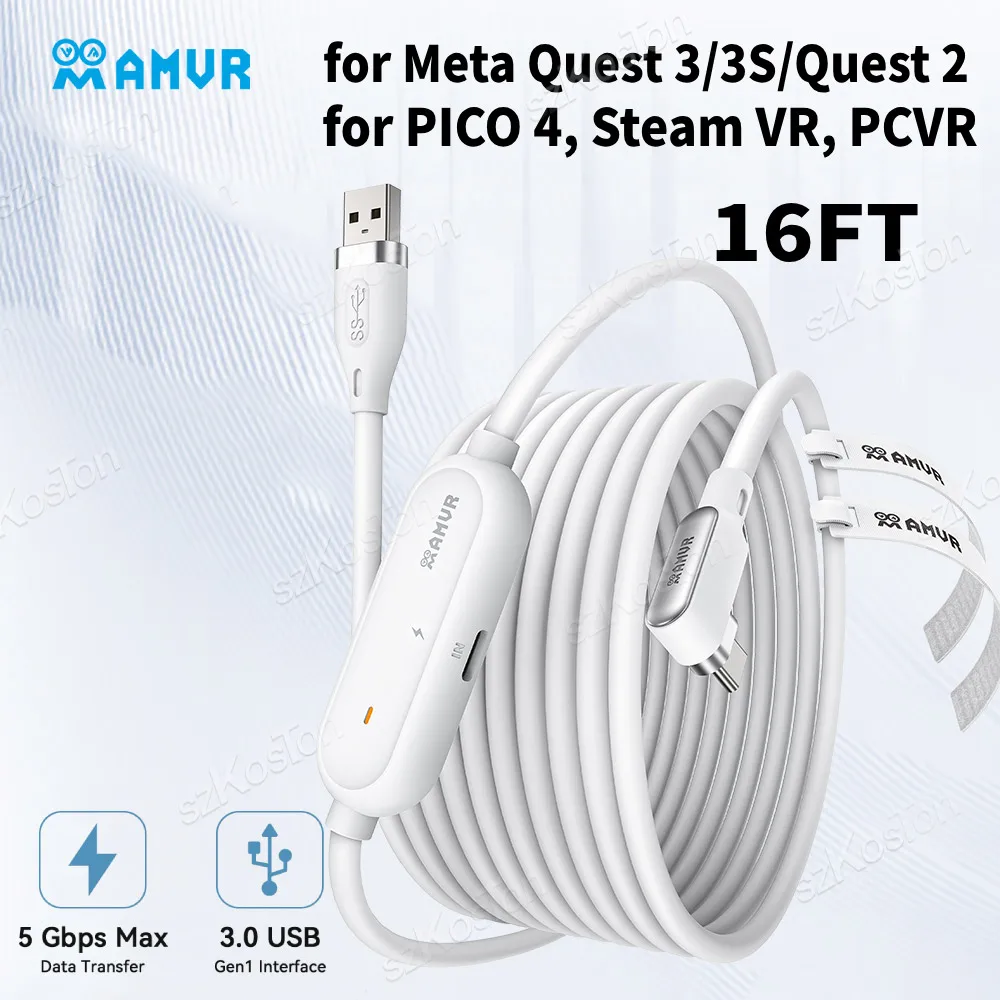 كابل AMVR 16FT VR Link من النوع C USB مع منفذ شحن سريع منفصل لملحقات Meta Quest 3/3S/ Quest2 Pico4 Steam VR PCVR