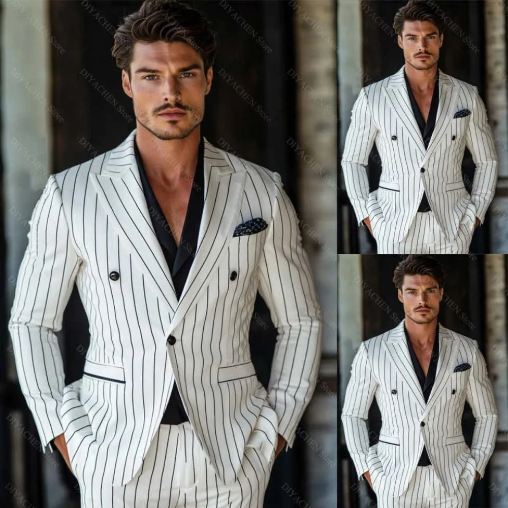

Fashion Striped Men Suits 2 Piece Chic Peaked Lapel Groom Wedding Party Tuxedos Office Formal Business Daily Suit (Blazer+Pants)