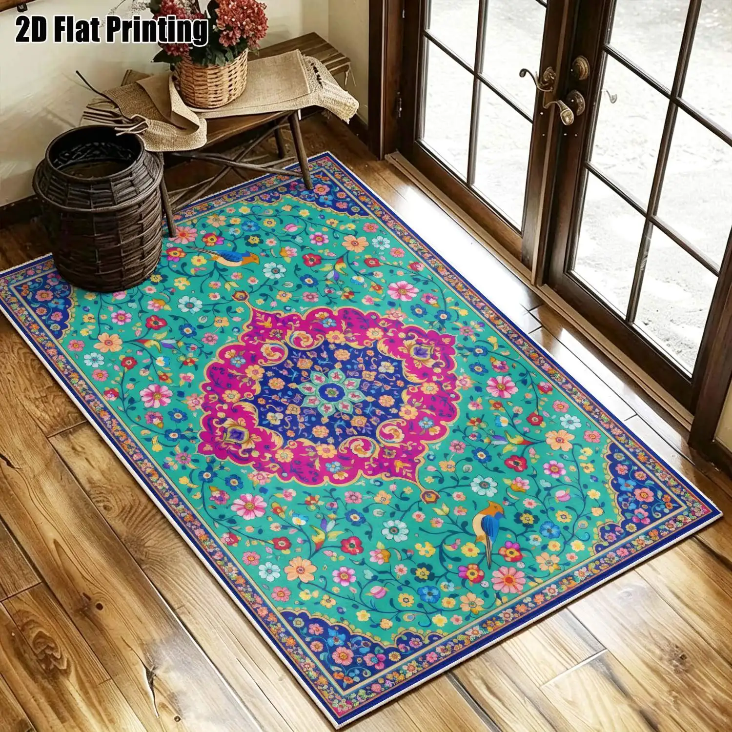 1Pc 2D Printed Velvet Carpet, Blue Base Pink Flower, Euro/Boho/Vintage/Geometric Style, Multi-Size Washable, for Home Decor Multi-Scene Use